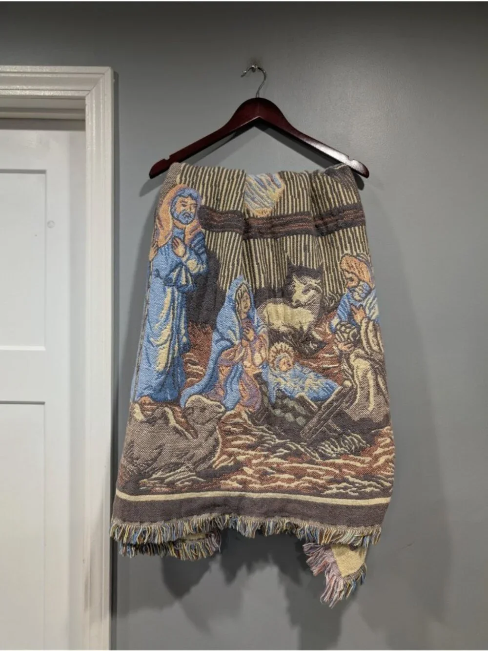 Goodwin Weavers Tapestry Throw Blanket Fringe Trim Nativity 46” X 55” Vintage